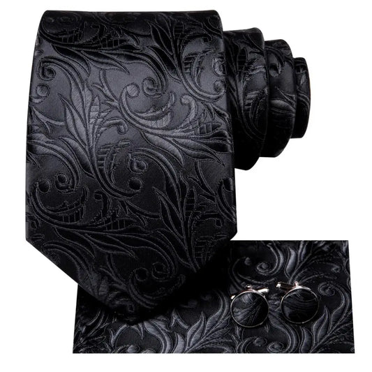 3 Piece Black Floral Silk Wedding Tie For Men Handky Cufflink Elegant Necktie Set For Men The Clothing Company Sydney