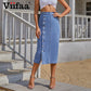 Blue Denim Single-Breasted Split Elegant Bodycon Midi Skirt Women's High Waist Long Jeans Skirts Streetwear The Clothing Company Sydney