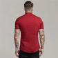 Summer Short Sleeve Shirt Solid Fitness Mens Stand Collar Super Slim Fit Business Dress Shirt Button Gym Tops