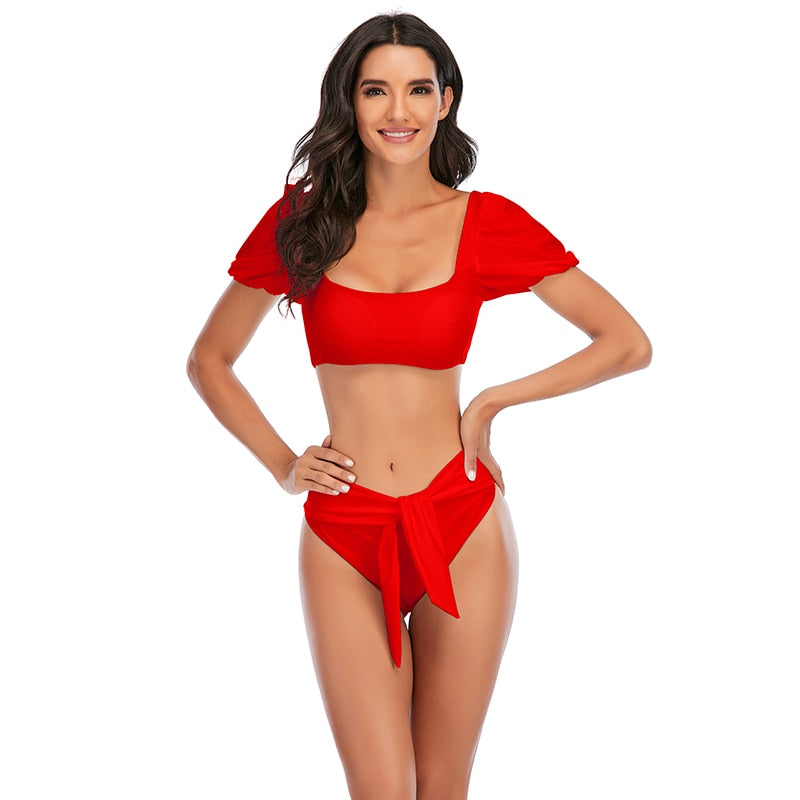 2 Piece Women Swimsuit Solid Colour Short Puff Sleeve Summer High Waist Cut Backless Bathing Suit Beachwear Bikini Set The Clothing Company Sydney