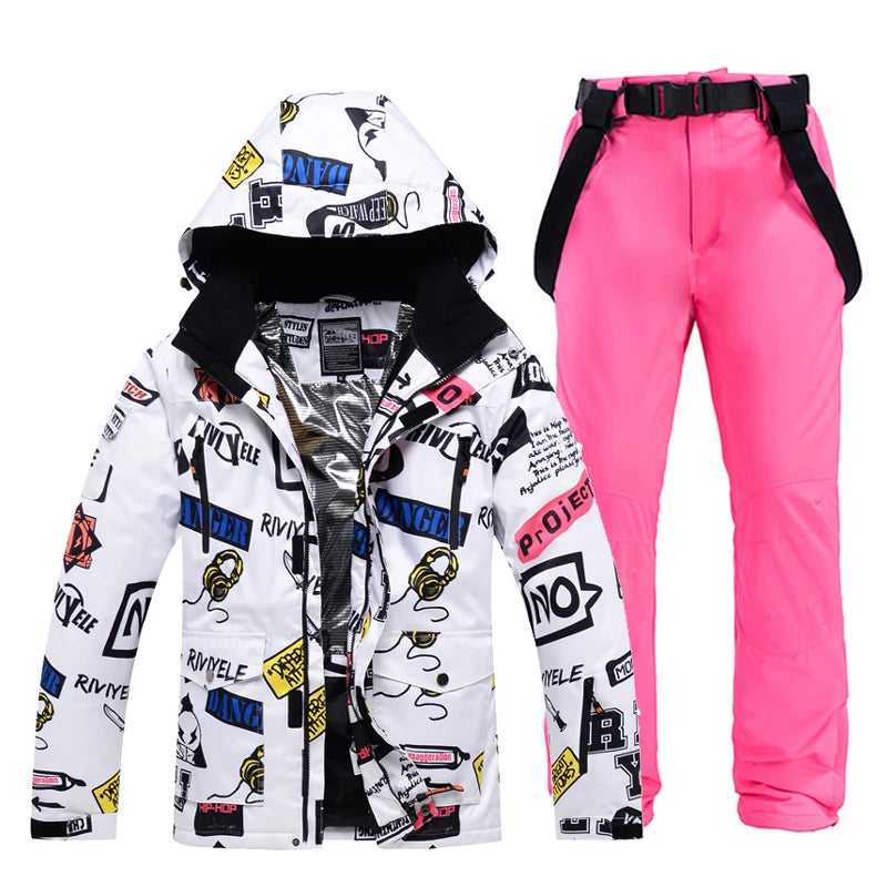 Men Women Snow Suit Wear Snowboarding Clothing Winter Warm Waterproof Outdoor Ski Set Jackets + Strap Pants