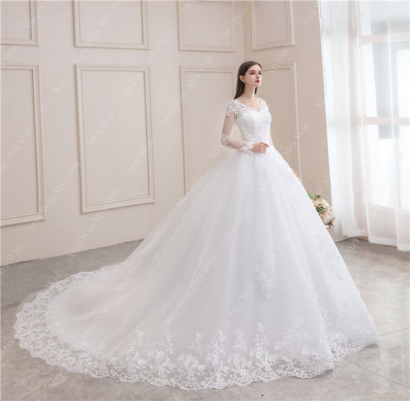 Luxury Full Sleeve V-neck Bride Dress With Train Ball Gown Princess Classic Wedding Gowns Wedding Dress The Clothing Company Sydney