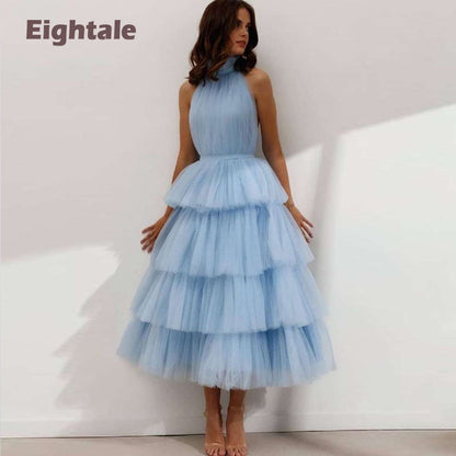 Baby Blue Prom Dresses High Neck Tiered Tulle Tea Length Backless Summer Wedding Party Gown Graduation Dress The Clothing Company Sydney