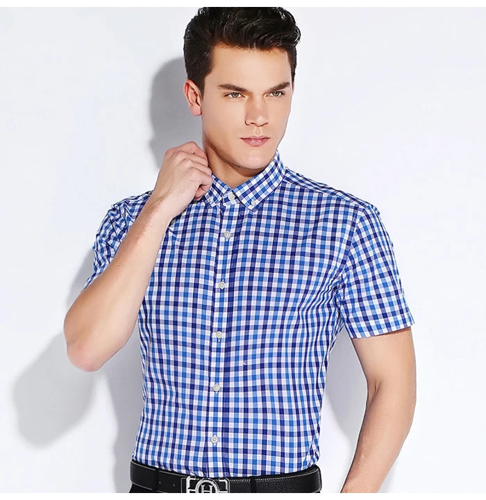 Plaid Checked Cotton Men Shirts Pocket-less Design Short Sleeve Summer Casual Standard-fit Button-down Thin Shirt The Clothing Company Sydney