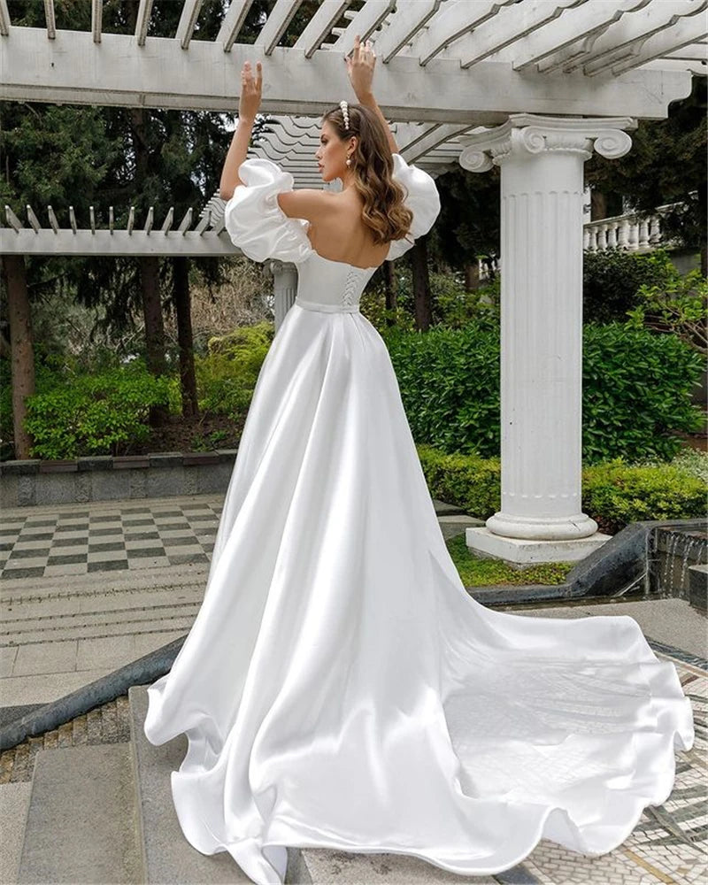 Removable Puff Sleeve Satin Wedding Dress High Slit Side A-line Simple Styles Bridal Dress with Court Train Dress The Clothing Company Sydney