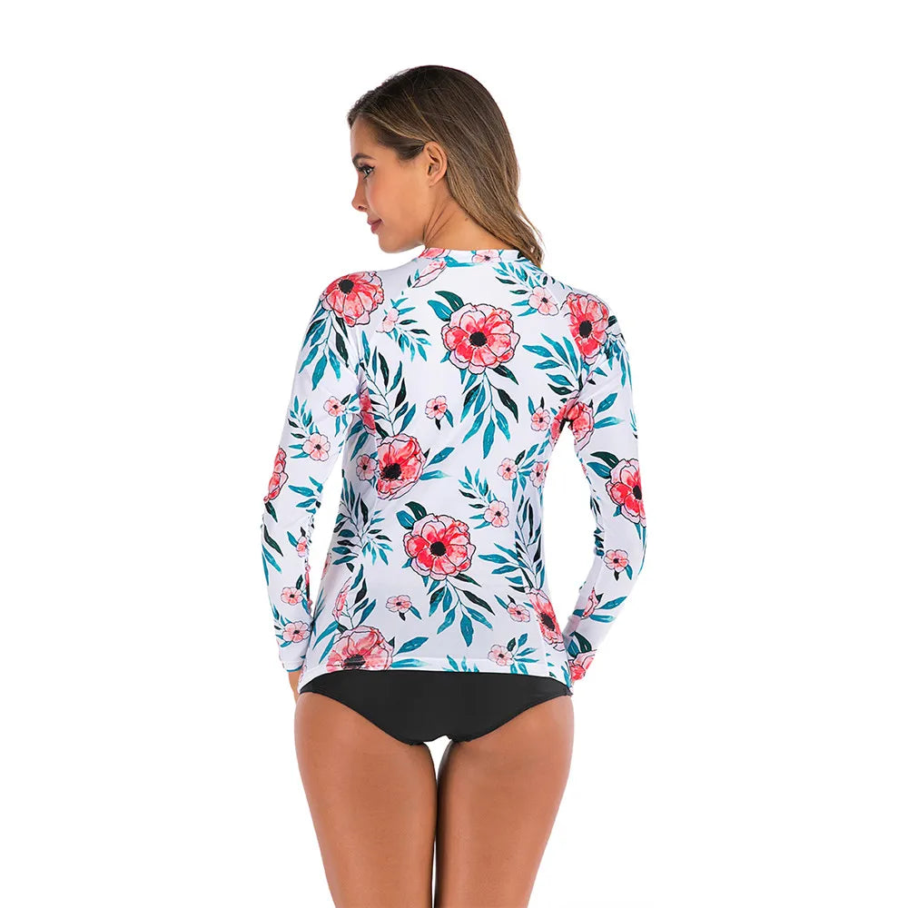 Long Sleeve Rash Guard Women Print Two Piece Swimsuit Zipper Swimwear Plus Size Bathing Suit Surfing Suit