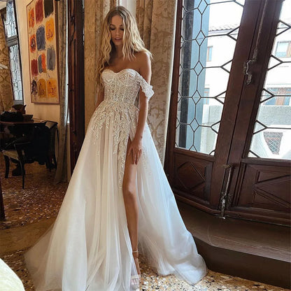 Split Boho Wedding Dresses Crystal Beading Off the Shoulder Lace Appliques A-Line Wedding Gown Sweetheart Bridal Gown The Clothing Company Sydney