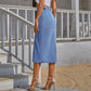 Blue Denim Single-Breasted Split Elegant Bodycon Midi Skirt Women's High Waist Long Jeans Skirts Streetwear The Clothing Company Sydney