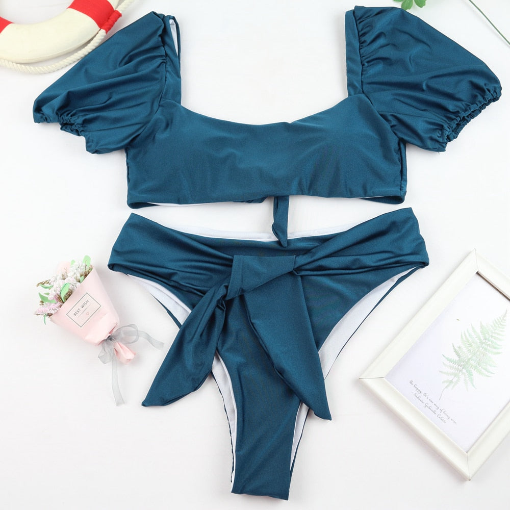 2 Piece Women Swimsuit Solid Colour Short Puff Sleeve Summer High Waist Cut Backless Bathing Suit Beachwear Bikini Set The Clothing Company Sydney