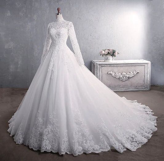 Elegant High Neck With Train Princess Bride Dress Luxury Lace Embroidery Wedding Gown Wedding Dress