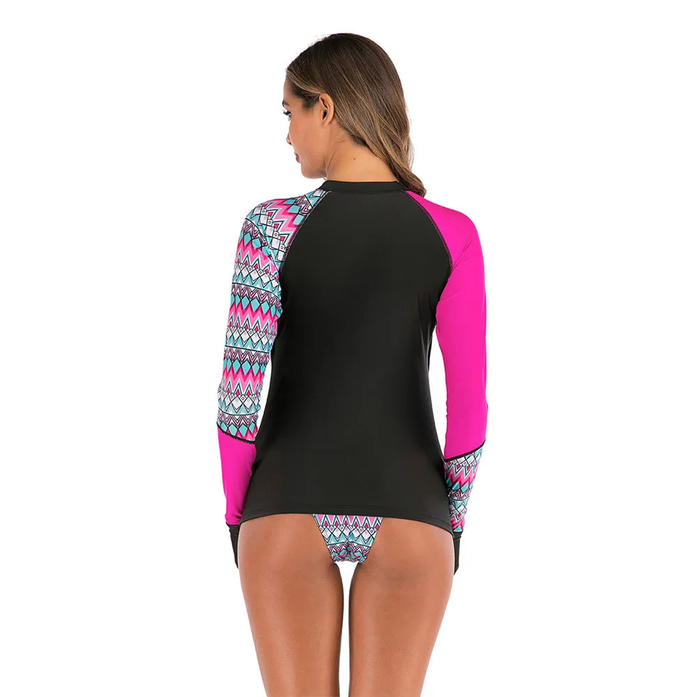 Long Sleeve Rash Guard Women Print Two Piece Swimsuit Zipper Swimwear Plus Size Bathing Suit Surfing Suit