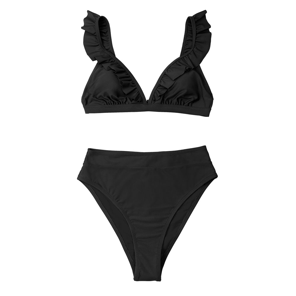 V-neck Ruffled High-waist Bikini Sets Swimsuit Women's Solid Brown Two Pieces Swimwear Beach Bathing Suits The Clothing Company Sydney