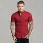 Summer Short Sleeve Shirt Solid Fitness Mens Stand Collar Super Slim Fit Business Dress Shirt Button Gym Tops