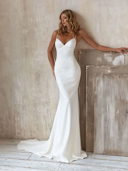 Beach A Line Chiffion Wedding Dresses V-neck Spaghetti Straps Backless Button Boho Bridal Gowns