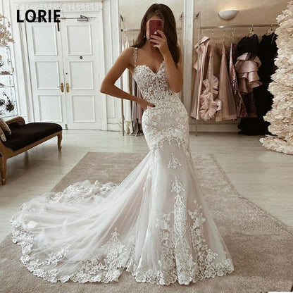 Ivory Mermaid Wedding Dresses Lace Appliques Tulle Bridal Gowns with Train Sweetheart Spaghetti Strap Vintage Gown The Clothing Company Sydney