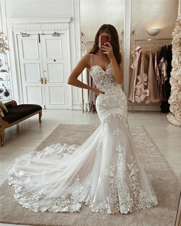 Ivory Mermaid Wedding Dresses Lace Appliques Tulle Bridal Gowns with Train Sweetheart Spaghetti Strap Vintage Gown The Clothing Company Sydney