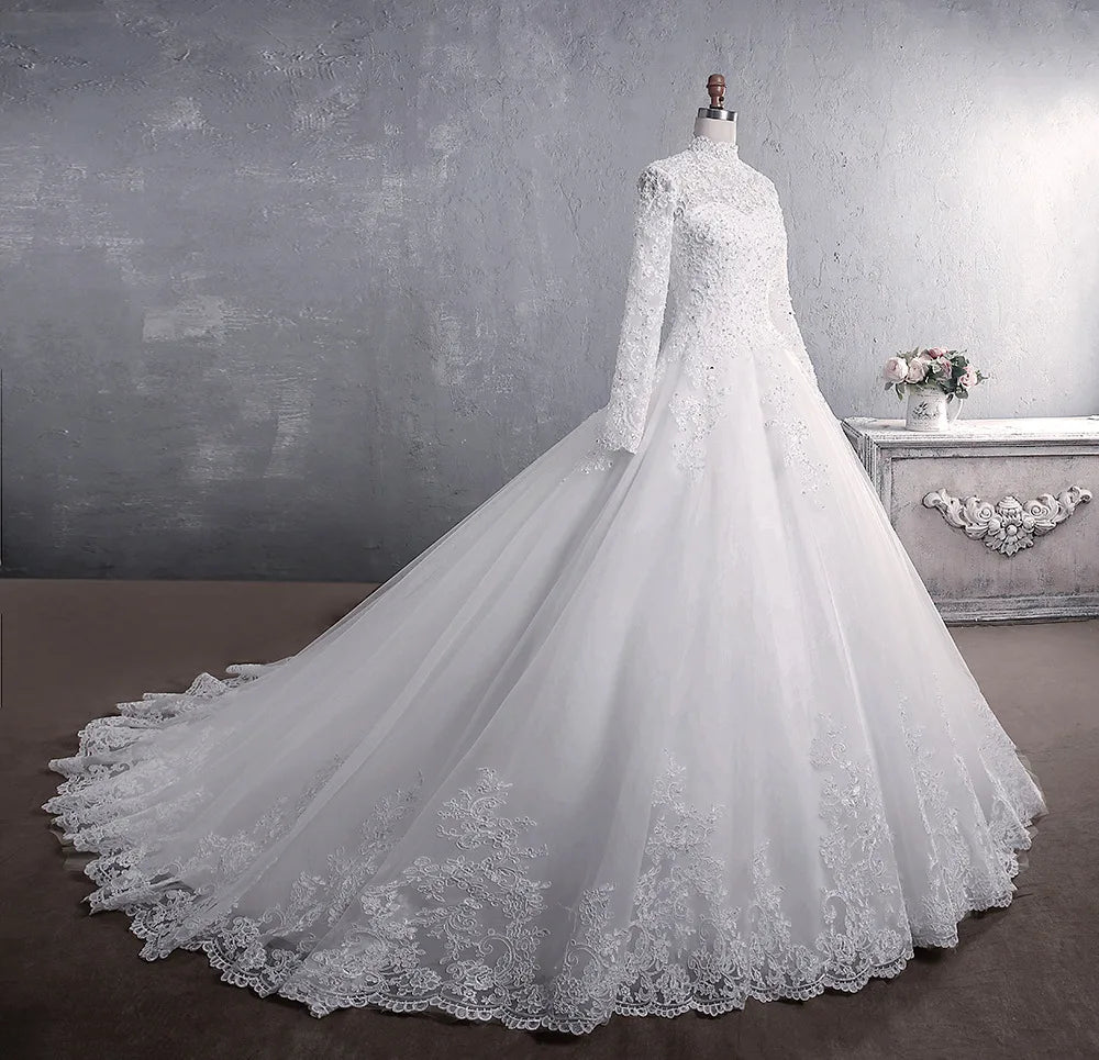 Elegant High Neck With Train Princess Bride Dress Luxury Lace Embroidery Wedding Gown Wedding Dress