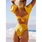 2 Piece Women Swimsuit Solid Colour Short Puff Sleeve Summer High Waist Cut Backless Bathing Suit Beachwear Bikini Set The Clothing Company Sydney