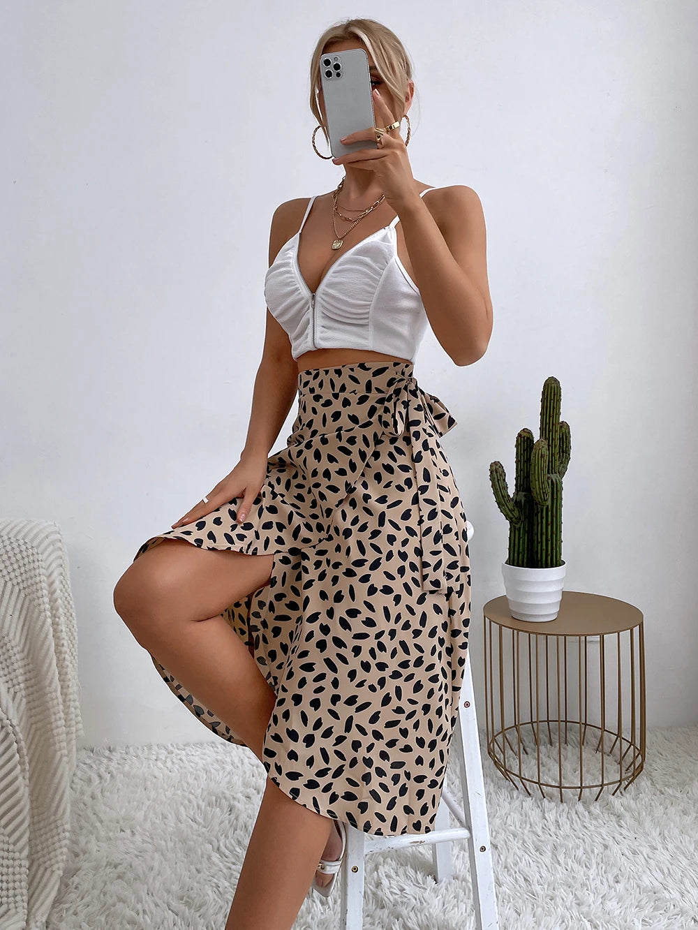 Boho Women's Casual Print Tie Side Wrap Elegant High Waist Summer Asymmetrical Knee Length A-Line Skirts