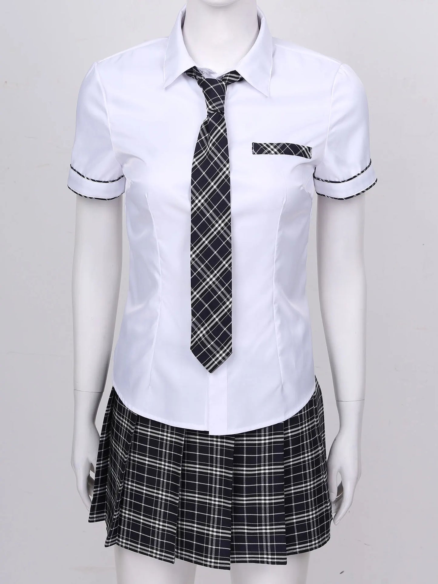 Women's Cosplay Costume Adult School Uniform Short Sleeve Shirt with Plaid Skirt for Halloween Role Play Party The Clothing Company Sydney