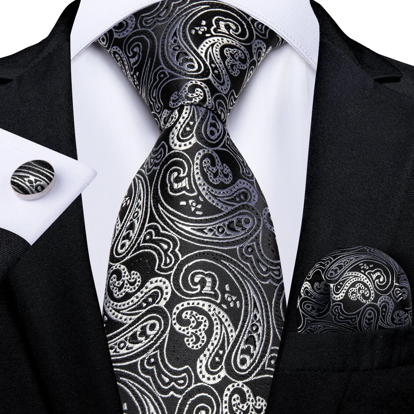 Gray Paisley Silk Tie Set – Men’s Wedding Tie, Pocket Square & Cufflinks The Clothing Company Sydney