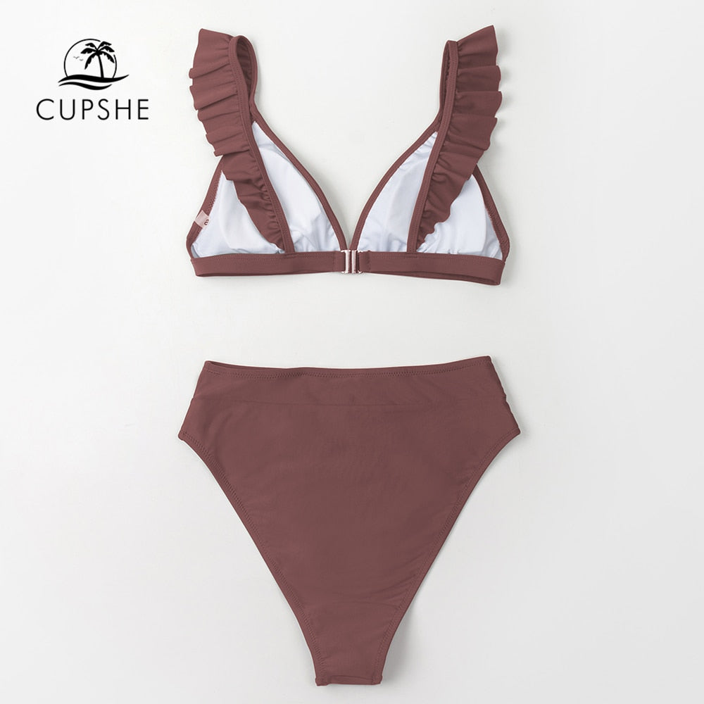 V-neck Ruffled High-waist Bikini Sets Swimsuit Women's Solid Brown Two Pieces Swimwear Beach Bathing Suits The Clothing Company Sydney