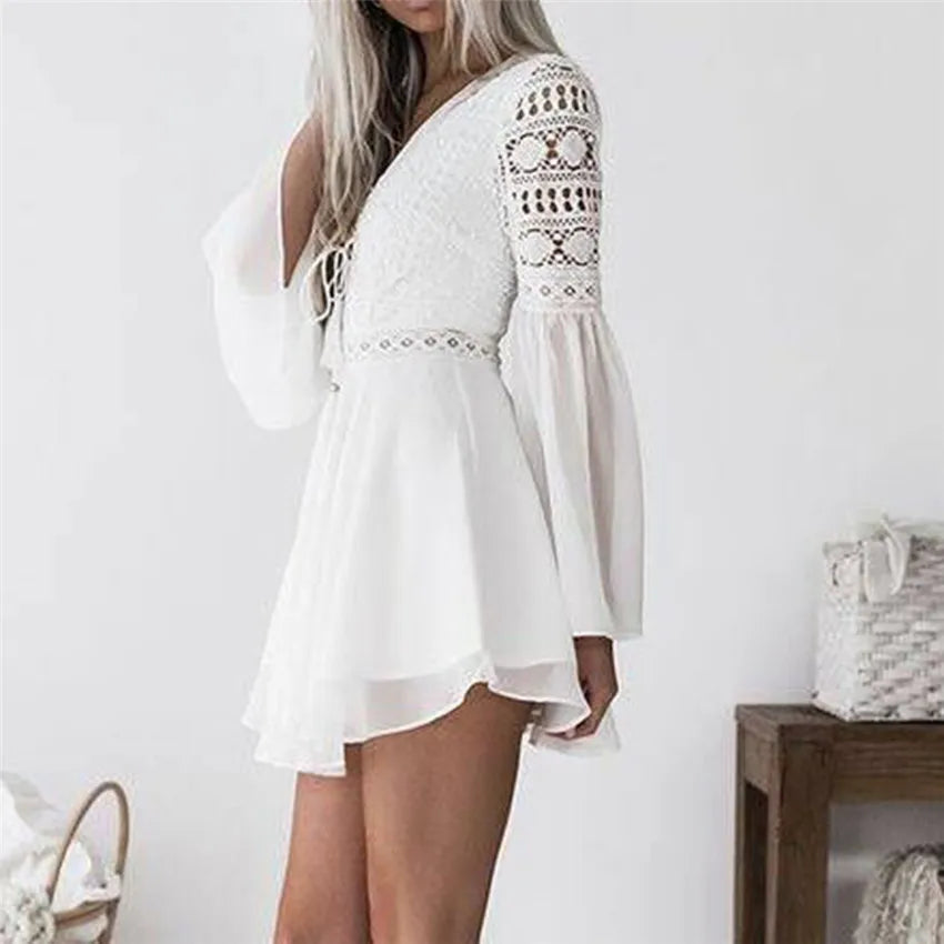 Hollow Out White Women's Mini Chiffon Semi-Sheer Plunge V-Neck Long Sleeve Crochet Lace Dress