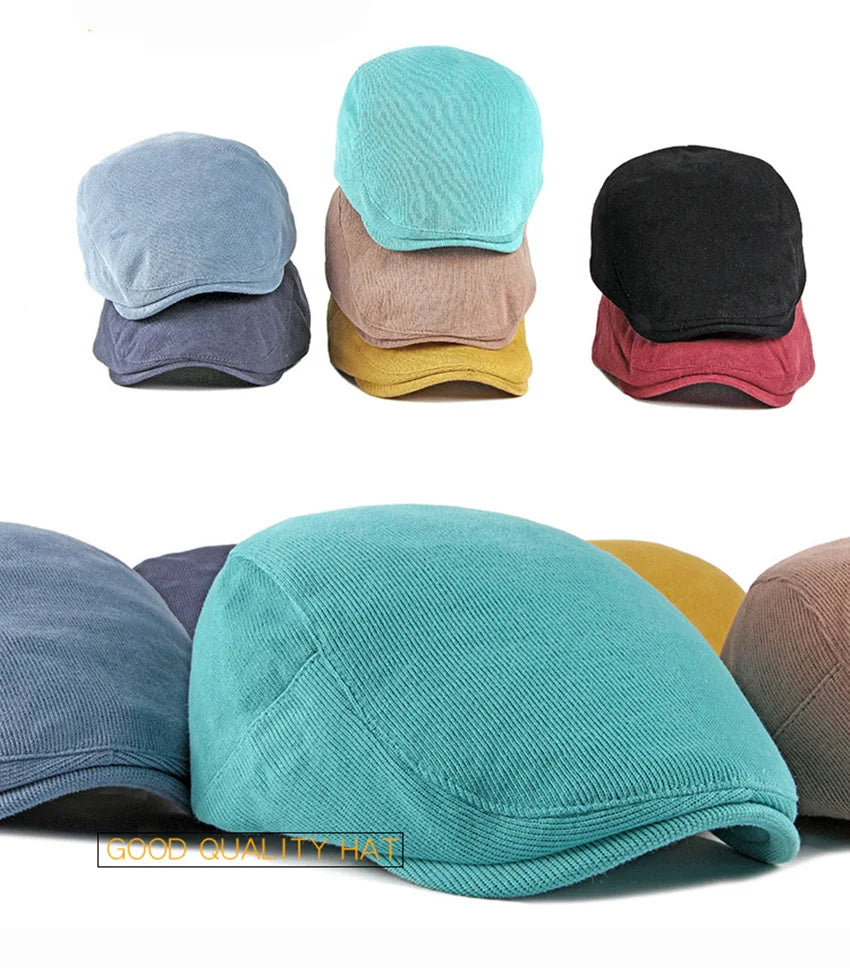 Spring Autumn Berets Hat Men's knitting Visor Cap Casual Fashion Women Beret Solid Yellow Blue Peaked Flat Cap Duckbill Hat