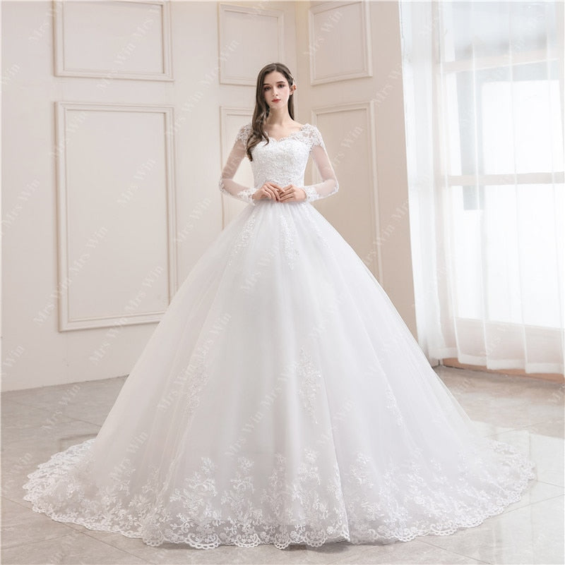 Luxury Full Sleeve V-neck Bride Dress With Train Ball Gown Princess Classic Wedding Gowns Wedding Dress The Clothing Company Sydney