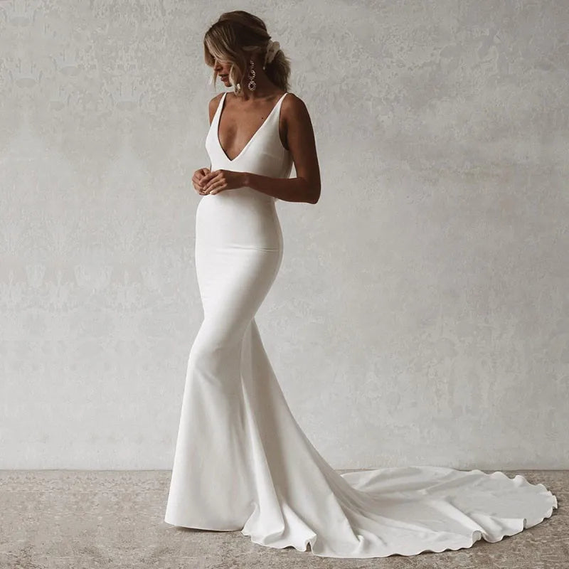 button back mermaid wedding dress Mermaid Wedding Dress V-Neck Open Back Boho Wedding Gown Simple Plain – The  Clothing Company Sydney