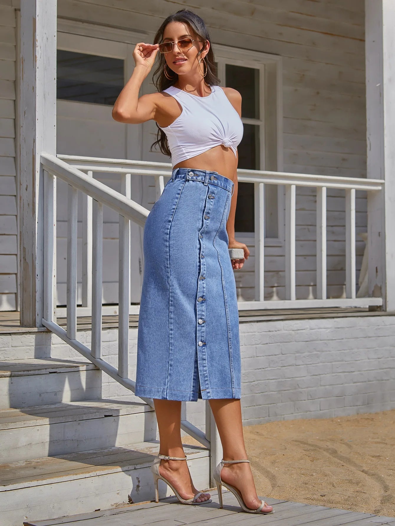 Women's Button A-line Side Split High Waist Denim Skirt Office Lady Black Blue Midi Jean Skirts Autumn Winter Long Skirt The Clothing Company Sydney