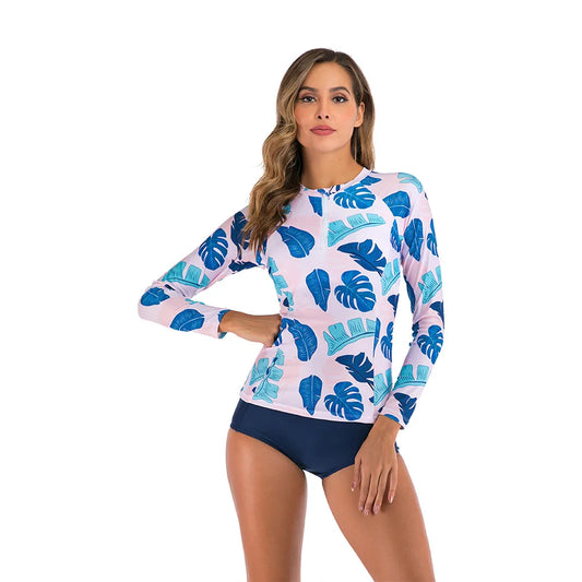 Long Sleeve Rash Guard Women Print Two Piece Swimsuit Zipper Swimwear Plus Size Bathing Suit Surfing Suit