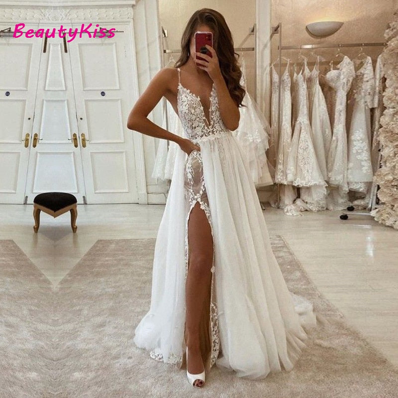 Boho Spaghetti Straps Wedding Dress Lace Appliques A-Line Long Bridal Dresses The Clothing Company Sydney