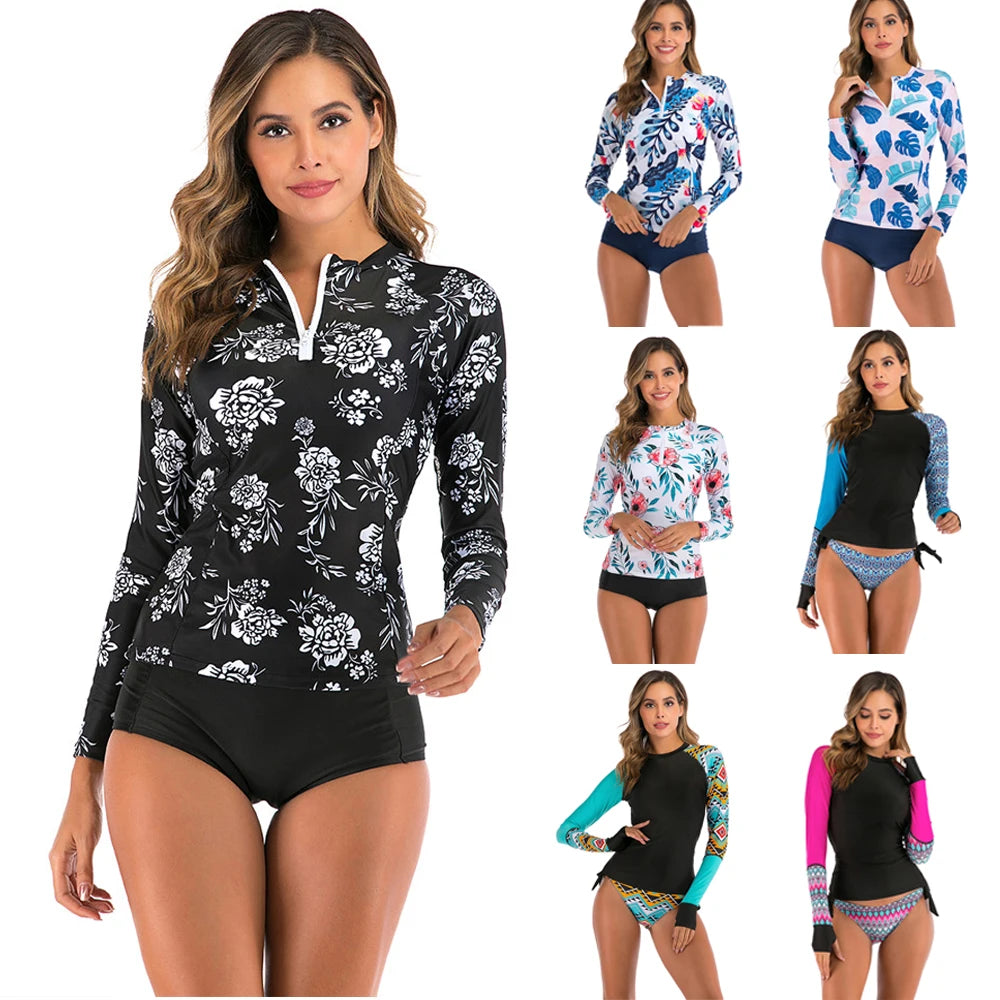 Long Sleeve Rash Guard Women Print Two Piece Swimsuit Zipper Swimwear Plus Size Bathing Suit Surfing Suit