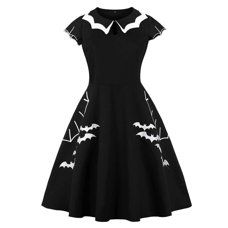 Bat Embroidery Halloween Costumes Party Vintage Dresses Cap Sleeve Keyhole Front Retro A Line Dress
