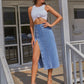 Women's Button A-line Side Split High Waist Denim Skirt Office Lady Black Blue Midi Jean Skirts Autumn Winter Long Skirt The Clothing Company Sydney