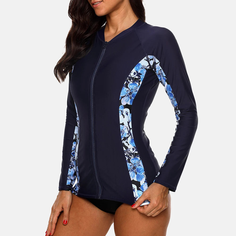 Women Long Sleeve Zipper Rashguard Top Floral Print Rush guard Swimwear Surfing UPF50+ Swimwsuit The Clothing Company Sydney