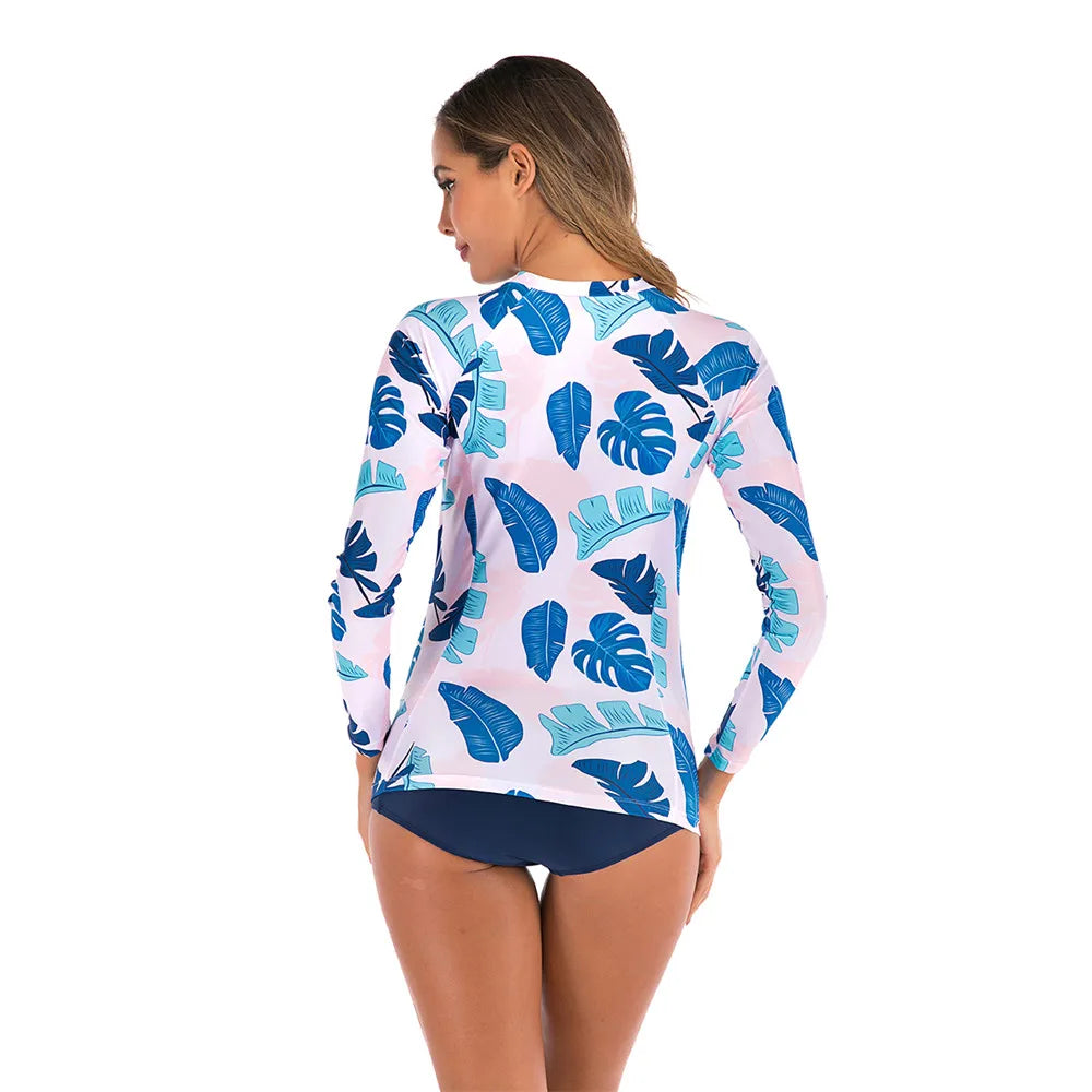 Long Sleeve Rash Guard Women Print Two Piece Swimsuit Zipper Swimwear Plus Size Bathing Suit Surfing Suit