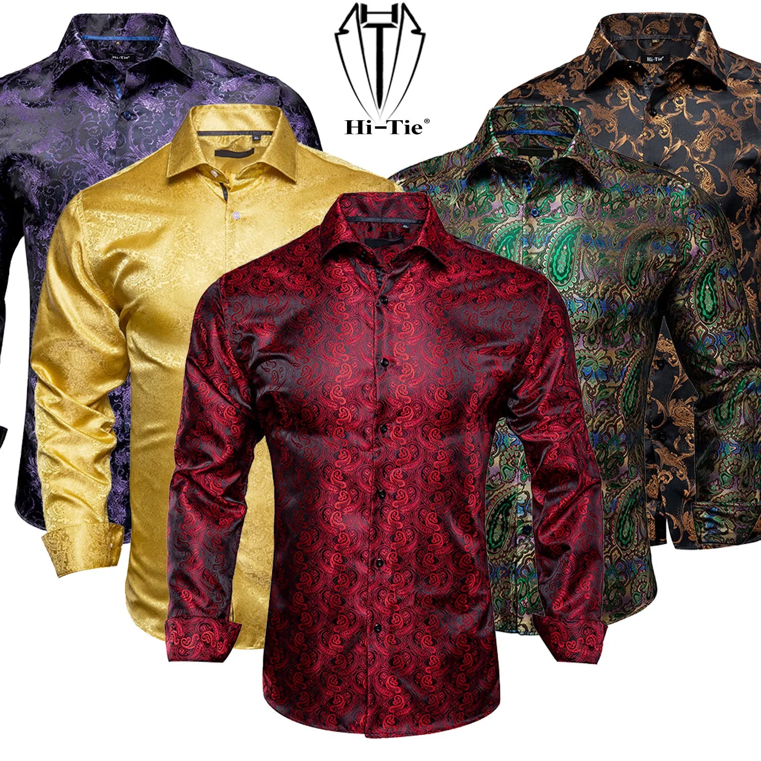 Hi-Tie Long Sleeve Silk Shirts for Men Suit Dress Outwear Male Slim Wedding Floral Paisley Gold Blue Red The Clothing Company Sydney