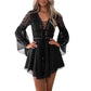 Hollow Out White Women's Mini Chiffon Semi-Sheer Plunge V-Neck Long Sleeve Crochet Lace Dress