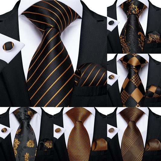 Fashion Men's Tie Luxury Gold Blue Black Striped Paisley Silk Wedding Tie For Men Designer Hanky Cufflinks Gift Tie Set