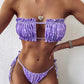 2 Piece Pleated Bandeau Swimsuit Low Waist Swimwear Beach Wear Mini Thong Bikini Set Bathing Suit