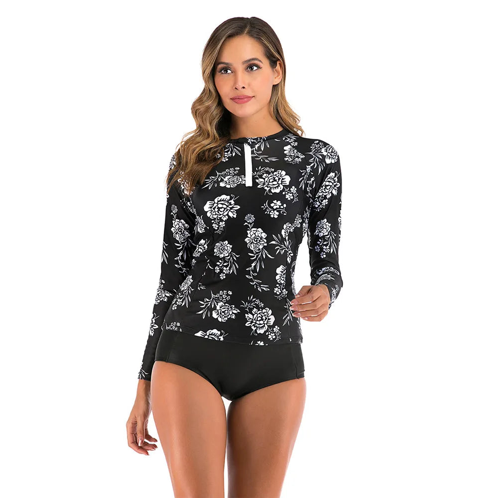 Long Sleeve Rash Guard Women Print Two Piece Swimsuit Zipper Swimwear Plus Size Bathing Suit Surfing Suit