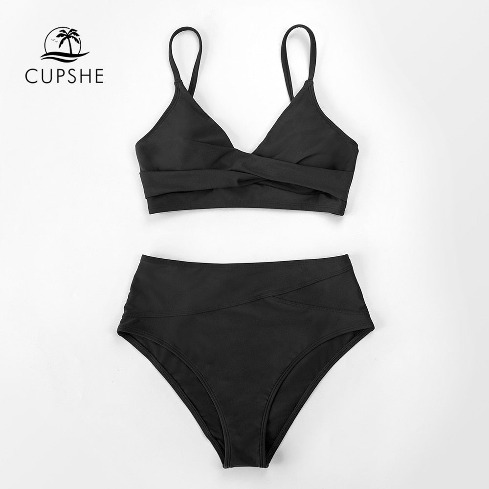 CUPSHE Solid Black Twist High Waist Bikini Sets Swimsuit For Women Sexy V-neck Tank Two Pieces Swimwear 2023 Beach Bathing Suit The Clothing Company Sydney
