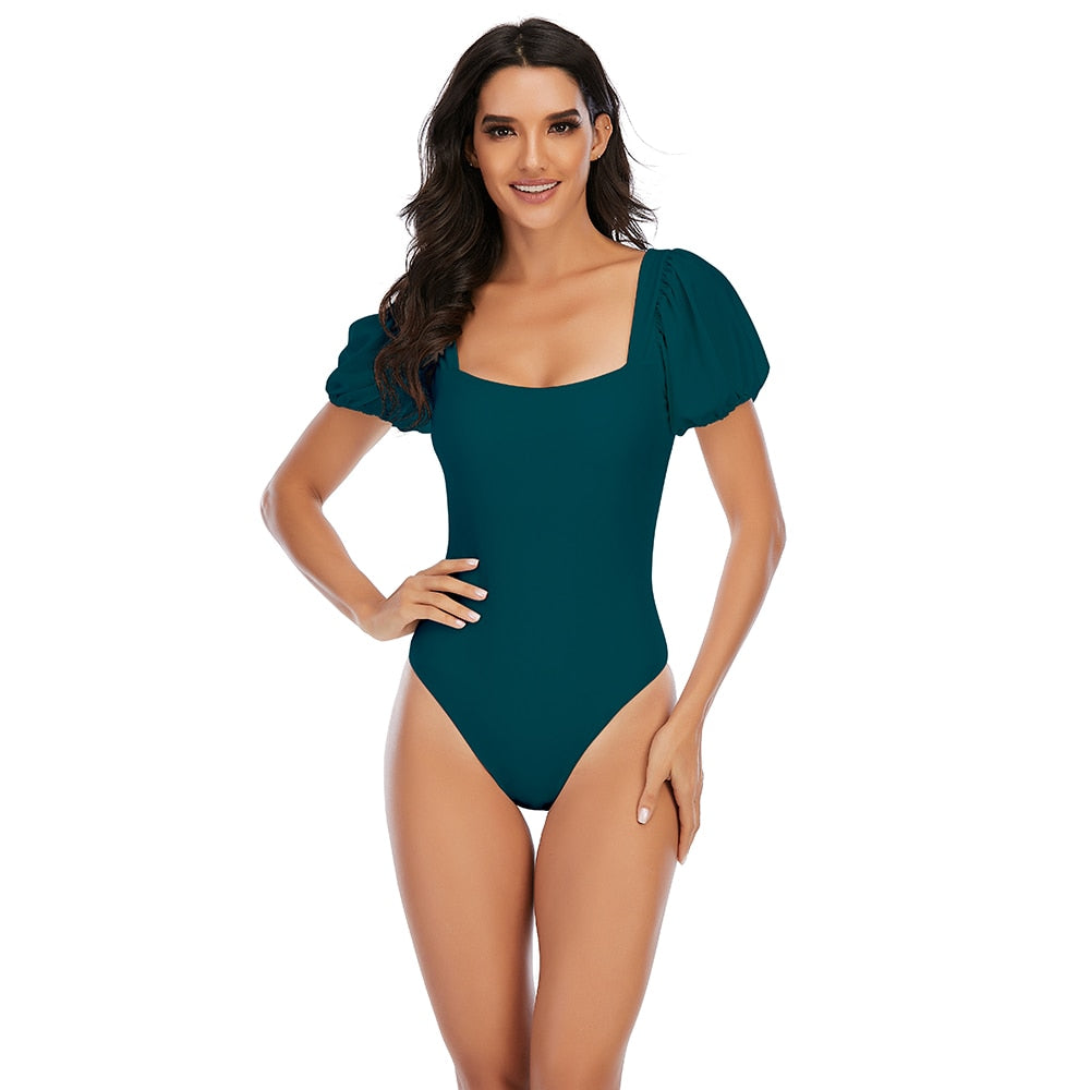 2 Piece Women Swimsuit Solid Colour Short Puff Sleeve Summer High Waist Cut Backless Bathing Suit Beachwear Bikini Set The Clothing Company Sydney