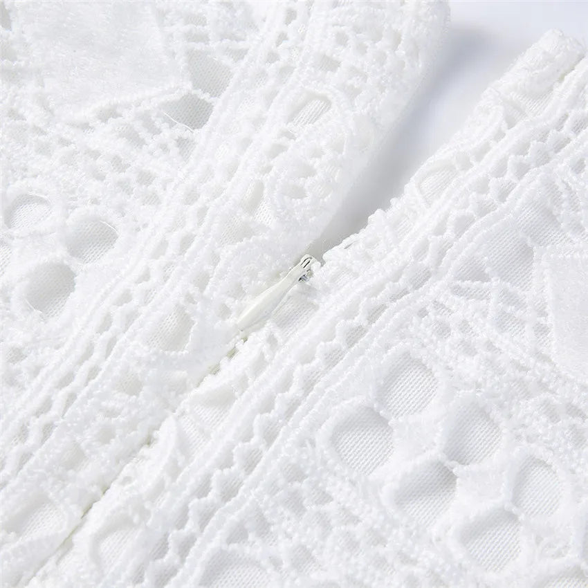 Hollow Out White Women's Mini Chiffon Semi-Sheer Plunge V-Neck Long Sleeve Crochet Lace Dress