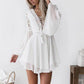 Hollow Out White Women's Mini Chiffon Semi-Sheer Plunge V-Neck Long Sleeve Crochet Lace Dress