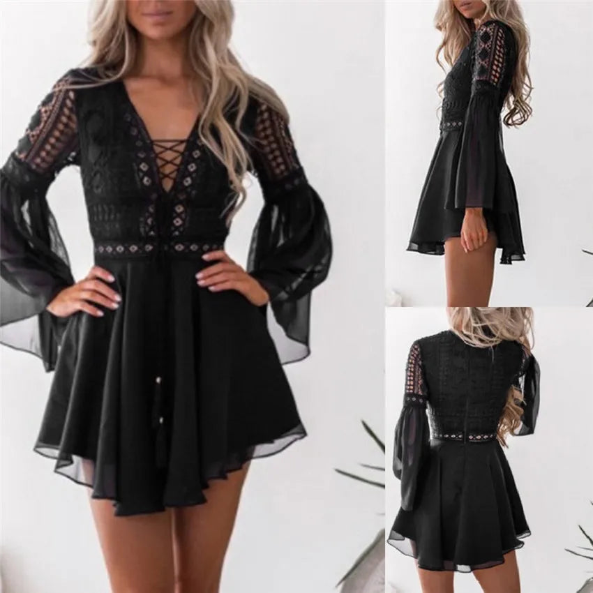 Hollow Out White Women's Mini Chiffon Semi-Sheer Plunge V-Neck Long Sleeve Crochet Lace Dress