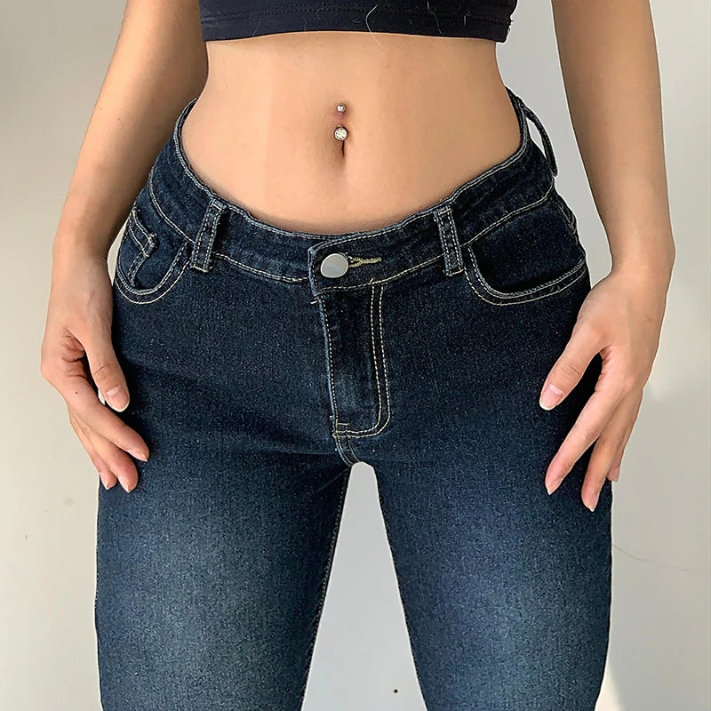 Vintage Skinny Y2K Low Waist Female Streetwear 2000s Aesthetic Chic Pants Solid Slim Flared Denim Jeans