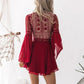 Hollow Out White Women's Mini Chiffon Semi-Sheer Plunge V-Neck Long Sleeve Crochet Lace Dress